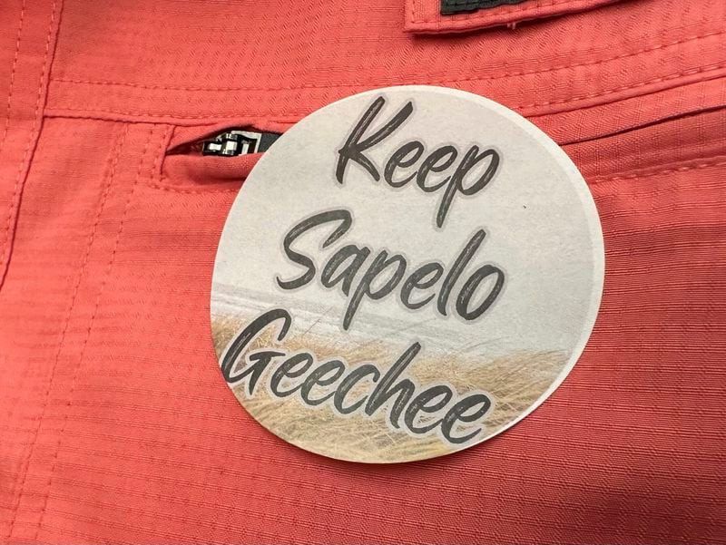 Stickers saying "Keep Sapelo Geechee" are being worn by some residents on Sapelo Island.