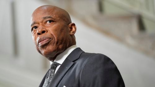 New York City mayor Eric Adams speaks to members of the press at a news conference in New York, Monday, Sept. 16, 2024. (AP Photo/Seth Wenig)