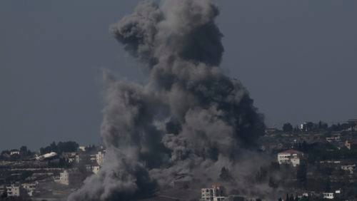 Smoke rises following Israeli bombardment in southern Lebanon as seen from northern Israel, Saturday, Oct. 5, 2024. (AP Photo/Leo Correa)