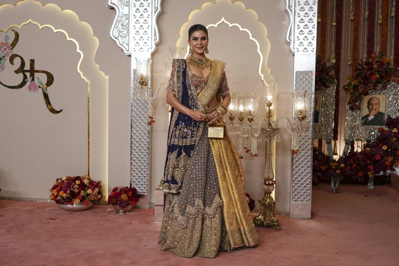 Sri Lankan Bollywood actor Jacqueline Fernandez poses for a photograph at the wedding of Billionaire Mukesh Ambani's son Anant Ambani and Radhika Merchant at Jio World Convention Centre in Mumbai, India, Friday, July 12, 2024. (AP Photo /Rajanish Kakade)