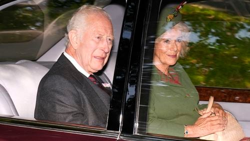 King Charles and Queen Camilla arrive at Crathie Kirk, near Balmoral, for a Sunday church service, Sunday Sept. 8, 2024. (Aaron Chown/PA via AP)