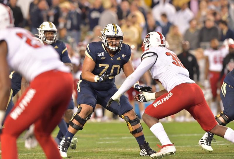 Georgia Tech offensive lineman Jared Southers (70) during the first half of an NCAA college football game at Bobby Dodd Stadium on Thursday, November 21, 2019. (Hyosub Shin / Hyosub.Shin@ajc.com)