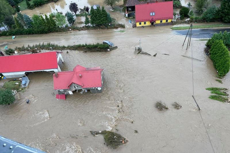 This handout photo provided by the Polish fire department, shows a flooded area near the Nysa Klodzka river in Nysa, Poland on Monday, Sept. 16, 2024. (KG PSP Photo via AP)