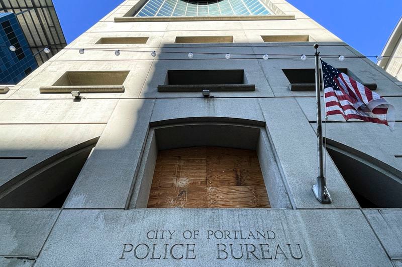 The exterior of police headquarters are seen in Portland, Ore., Friday, Aug. 30, 2024. (AP Photo/Claire Rush)