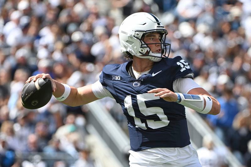 Penn State quarterback Drew Allar (15) throws a pass against Bowling Green during the first quarter of an NCAA college football game, Saturday, Sept. 7, 2024, in State College, Pa. (AP Photo/Barry Reeger)