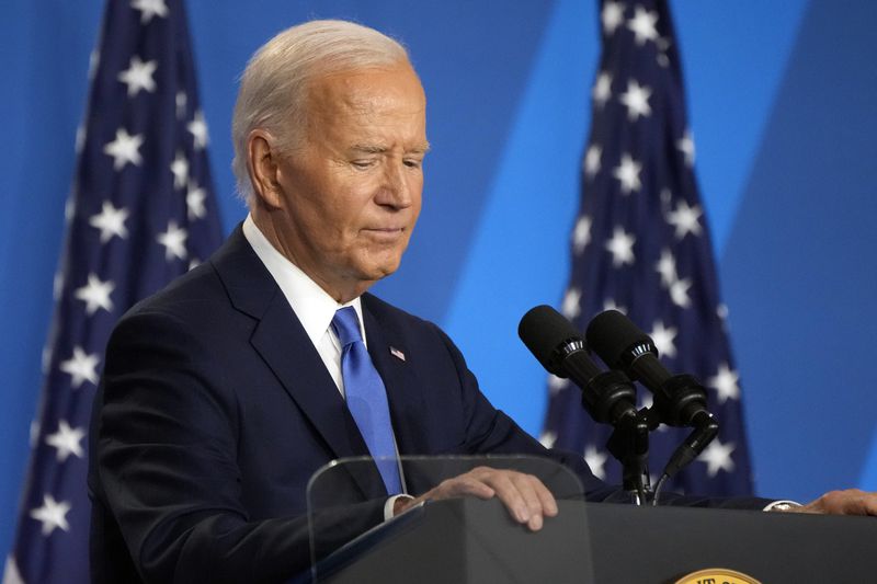 President Joe Biden pauses at a news conference Thursday July 11, 2024, on the final day of the NATO summit in Washington. (AP Photo/Jacquelyn Martin)