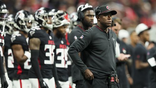 Atlanta Falcons coach Raheem Morris reacts on the sideline during the first half against the Jacksonville Jaguars at Mercedes-Benz Stadium, on Friday, Aug. 23, 2024, in Atlanta. (Jason Getz / AJC)