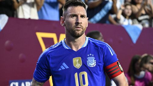 Argentina forward Lionel Messi watches during the first half of the team's international friendly soccer match against Guatemala, Friday, June 14, 2024, in Landover, Md. (AP Photo/Nick Wass)
