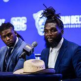 Georgia State linebackers Kevin Swint (left) and Justin Abraham (right) take part in the Sun Belt Conference football media days in New Orleans on July 23, 2024. (Photo courtesy of the Sun Belt Conference)