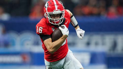 Georgia wide receiver London Humphreys (16) runs for a touchdown reception during the second half against Clemson at Mercedes-Benz Stadium, on Saturday, Aug. 31, 2024, in Atlanta. Georgia won 34-3. (Jason Getz / AJC)