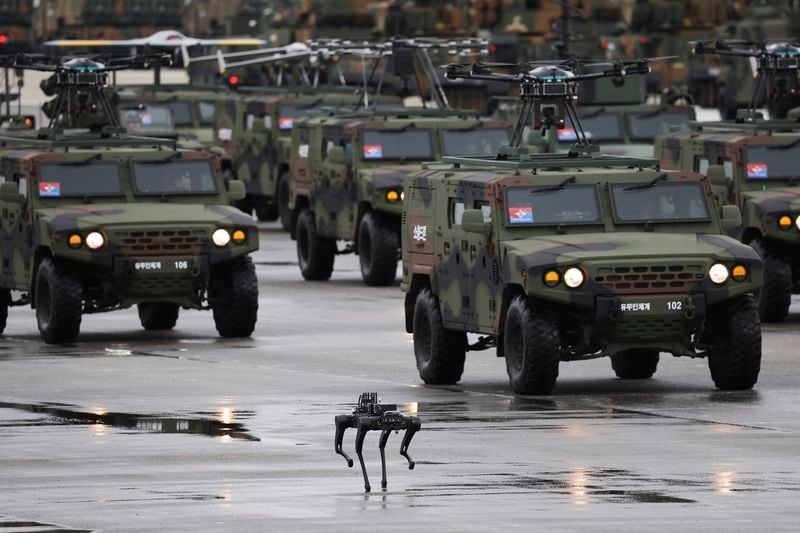 A quadruped robot marches during a celebration to mark the 76th anniversary of Korea Armed Forces Day in Seongnam, South Korea Tuesday, Oct. 1, 2024. (Kim Hong-Ji/Pool Photo via AP)