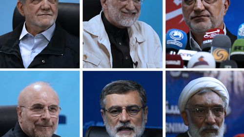 This combination of photos shows Iranian June 28, presidential candidates Masoud Pezeshkian, lawmaker and a former Health Minister, top left, Saeed Jalili, former senior nuclear negotiator, top center, Alireza Zakani, Tehran Mayor, top right, Mohammad Bagher Qalibaf, Parliament Speaker, bottom left, Amirhossein Ghazizadeh Hashemi, the late President Raisi's Vice-President, bottom center, and Mostafa Pourmohammadi, a former Minister of Justice. (AP Photo/Vahid Salemi)