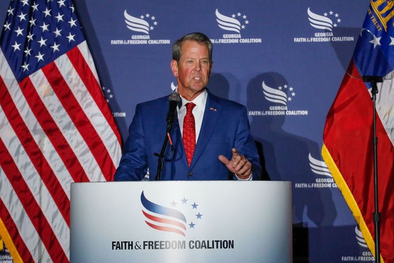 Gov. Brian Kemp speaks at the Georgia Faith & Freedom Coalition gathering in Atlanta on Monday.