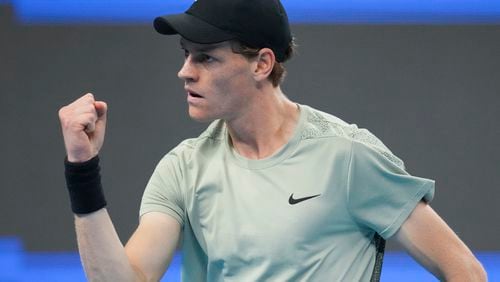 Jannik Sinner of Italy gestures during their men's singles finals match against Carlos Alcaraz of Spain at the China Open tennis tournament, National Tennis Center in Beijing, Wednesday, Oct. 2, 2024. (AP Photo/Achmad Ibrahim)