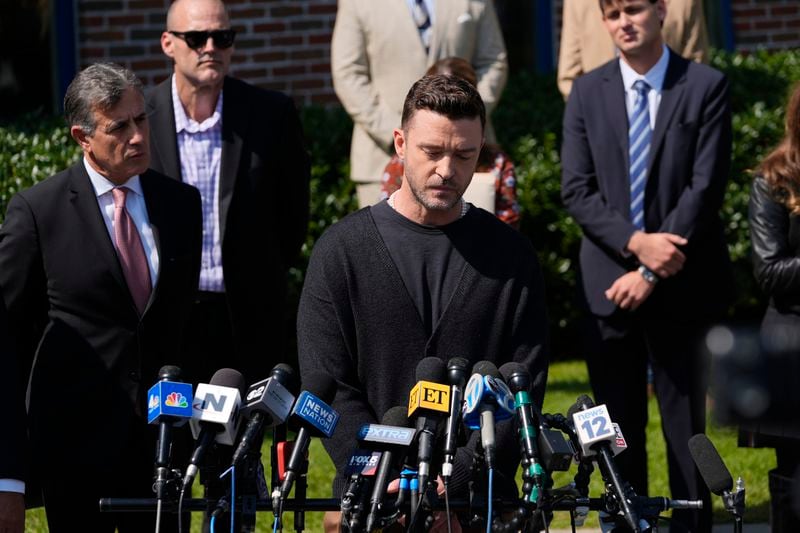 Justin Timberlake speaks to the press after a court hearing, Friday, Sept. 13, 2024, in Sag Harbor, N.Y. (AP Photo/Pamela Smith)