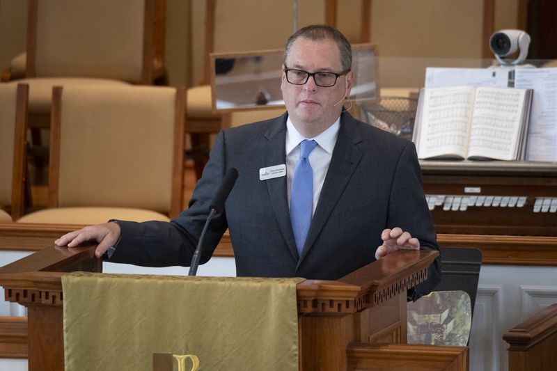 The Rev. Dr. Chris Strickland delivers the sermon  at Winder First United Methodist Church in Winder on Sunday, Sept. 8, 2024, the first Sunday following the shootings at Apalachee High School. Ben Gray for the Atlanta Journal-Constitution