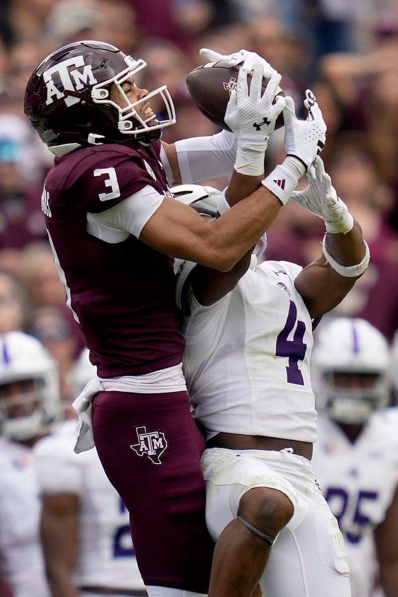 FILE - Abilene Christian defensive back Anthony Egbo Jr. (4) breaks up a pass intended for Texas A&M wide receiver Noah Thomas (3) during the second quarter of an NCAA college football game Saturday, Nov. 18, 2023, in College Station, Texas. Facing upheaval on the way in college athletics, a handful of administrators and athletes from smaller schools have been working on a new model of governance. Former Abilene Christian football player Anthony Egbo Jr. is among the athletes involved. They surveyed peers on what coaches expected of them and got some 100 responses to help formulate the model. (AP Photo/Sam Craft, File)