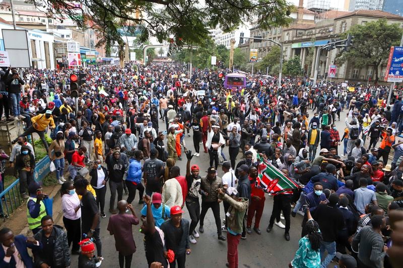 Thousand protest over proposed tax hikes in a finance bill that is due to be tabled in parliament in Nairobi, Kenya, Thursday, June 20, 2024. Civil society groups say that despite the dozens of arrests, demonstrations and a planned sit-down outside the parliament buildings will continue. (AP Photo/ Andrew Kasuku)
