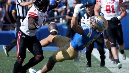 Utah cornerback Clark Phillips III, left, breaks up a pass intended for UCLA wide receiver Jake Bobo in the third quarter at the Rose Bowl on Saturday, Oct. 8, 2022, in Pasadena, California. (Luis Sinco/Los Angeles Times/TNS)