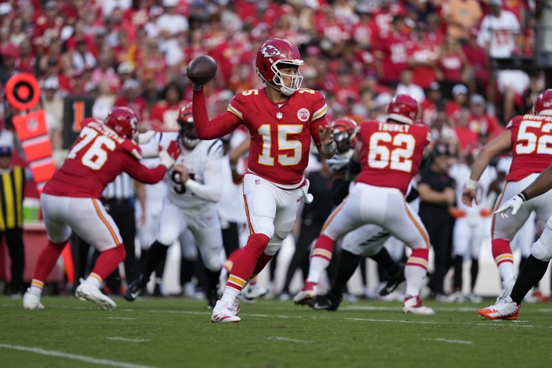 Kansas City Chiefs quarterback Patrick Mahomes throws during the first half of an NFL football game against the Cincinnati Bengals Sunday, Sept. 15, 2024, in Kansas City, Mo. (AP Photo/Ed Zurga)