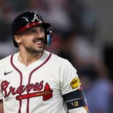 Atlanta Braves right fielder Adam Duvall reacts after striking out to end the game against the San Francisco Giants during the ninth inning at Truist Park, Tuesday, July 2, 2024, in Atlanta. The Braves lost to the Giants 5-3. (Jason Getz / AJC)
