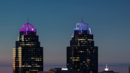 The King & Queen buildings in Sandy Springs will join Mercedes-Benz Stadium, Hartsfield-Jackson Airport International Terminal, and Atlanta City Hall by turning their lighting purple to bring awareness to preterm births. (Courtesy The King & Queen buildings of Concourse at Landmark Center)