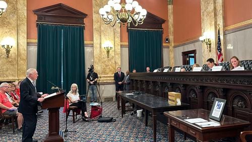 Citizens Not Politicians attorney Don McTigue addresses members of the Ohio Ballot Board at the Ohio Statehouse in Columbus, Ohio, on Friday, Aug. 16, 2024. (AP Photo/Julie Carr Smyth)