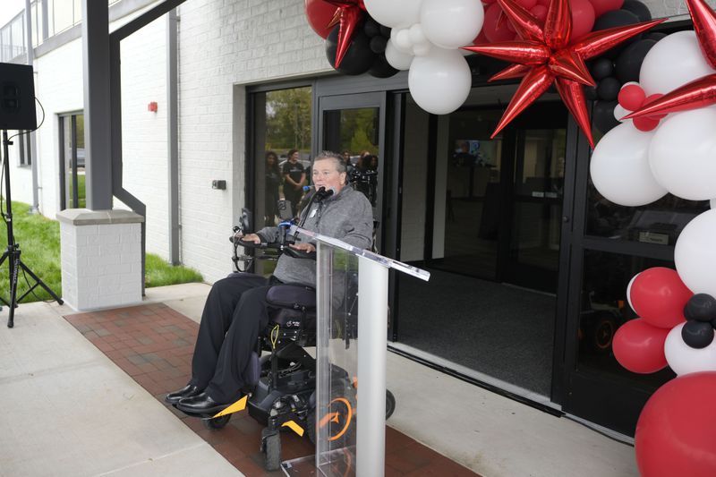 Sam Schmidt speaks during a ribbon-cutting ceremony for the not-for-profit Conquer Paralysis Now center in partnership with NeuroHope, Tuesday, Oct. 1, 2024, in Indianapolis. (AP Photo/Darron Cummings)