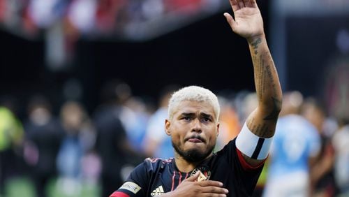 Atlanta United forward Josef Martinez, with one hand on his chest and waving with the other, thanked everyone in the stands after the season finale at Mercedes-Benz Stadium in Atlanta. Martinez has reportedly agreed to join Inter Miami. (Miguel Martinez/The Atlanta Journal-Constitution/TNS)