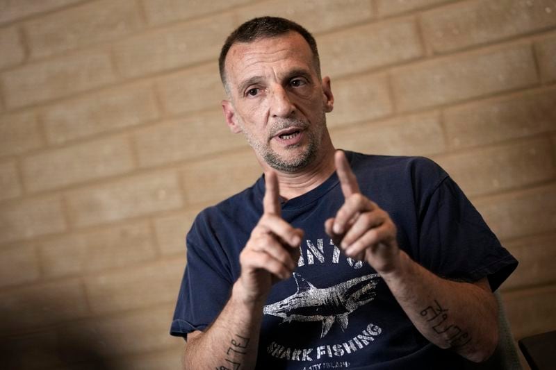 Mathieu Kassovitz speaks during an interview with Associated Press, in Tremblay-en-France, Tuesday, Sept. 17, 2024. (AP Photo/Christophe Ena)