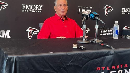 Falcons owner Arthur Blank addresses media at a news conference at the team's complex in Flowery Branch July 30, 2024. (AJC photo by D. Orlando Ledbetter)