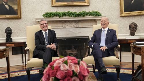 Britain's Prime Minister Keir Starmer, left, meets with U.S. President Joe Biden at the White House in Washington, D.C, during his visit to the United States to attend the NATO 75th anniversary summit, Wednesday, July 10, 2024. (Stefan Rousseau/Pool Photo via AP)