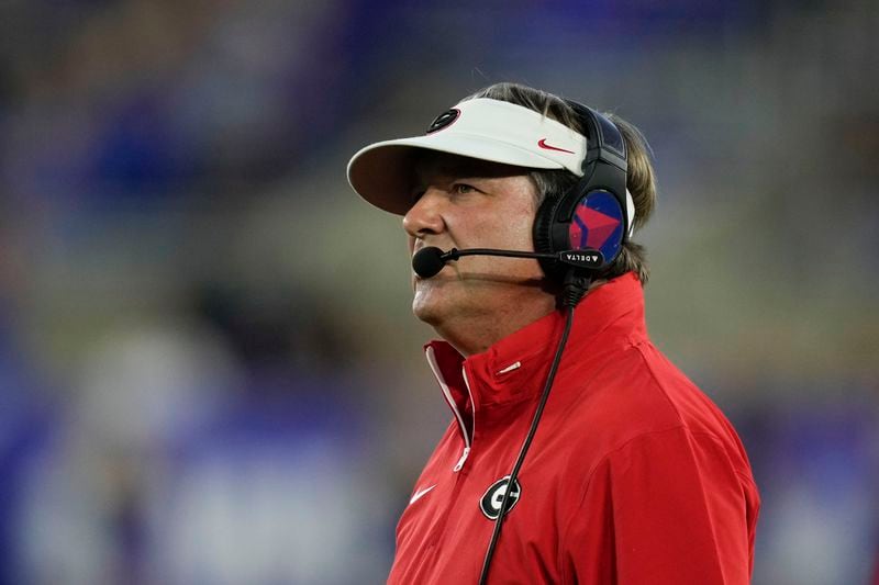 Georgia head coach Kirby Smart watches during the first half of an NCAA college football game against Kentucky, Saturday, Sept. 14, 2024, in Lexington, Ky. (AP Photo/Darron Cummings)