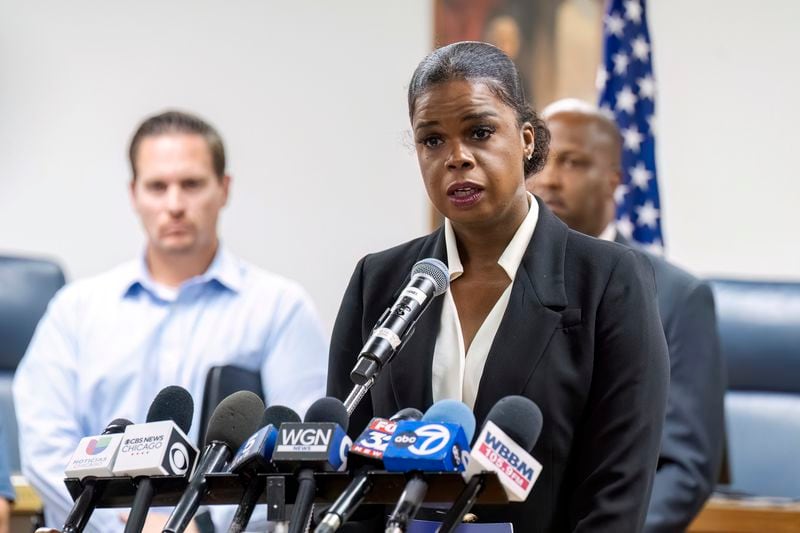 Cook County State's Attorney Kim Foxx speaks to reporters at the Forest Park Village Hall over the shooting death of four people on a Chicago-area transit Blue Line train yesterday morning, Tuesday, Sept. 3, 2024, in Forest Park, Ill. (Tyler Pasciak LaRiviere/Chicago Sun-Times via AP)