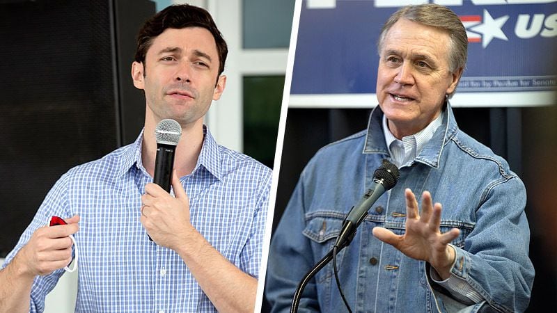 U.S. Sen. David Perdue, R-Ga. (right), and his Democratic opponent, Jon Ossoff, made in-person campaign appearances in metro Atlanta on Saturday, October 10, 2020. (Photos: Steve Schaefer / Special to The Atlanta Journal-Constitution)