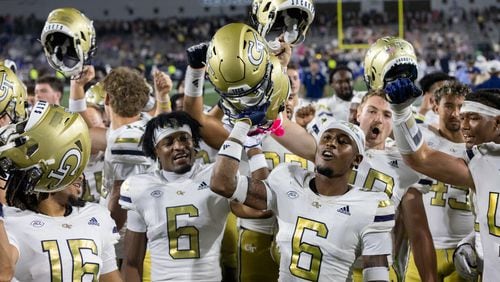 Georgia Tech Yellow Jackets celebrate after winning the Georgia Tech versus Duke game 24-14 at Bobby Dodd Stadium in Atlanta on Saturday, October 5, 2024. (Arvin Temkar / AJC)