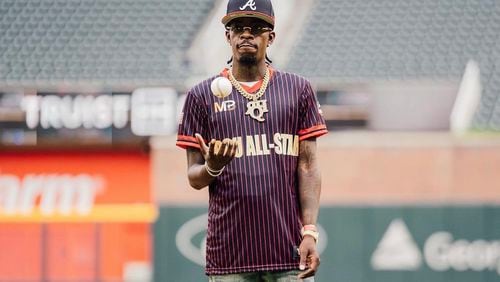 Rapper Rich Homie Quan threw out the first pitch at the Minority Baseball Prospects HBCU All-Star Game at Truist Park on Friday, June 3, 2022.