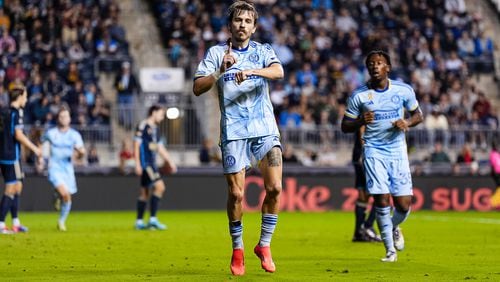 Atlanta United midfielder Saba Lobjanidze #9 celebrates after scoring a goal during the second half of the match against the Philadelphia Union at Subaru Park in Philadelphia, PA on Saturday September 28, 2024. (Photo by Mitch Martin/Atlanta United)