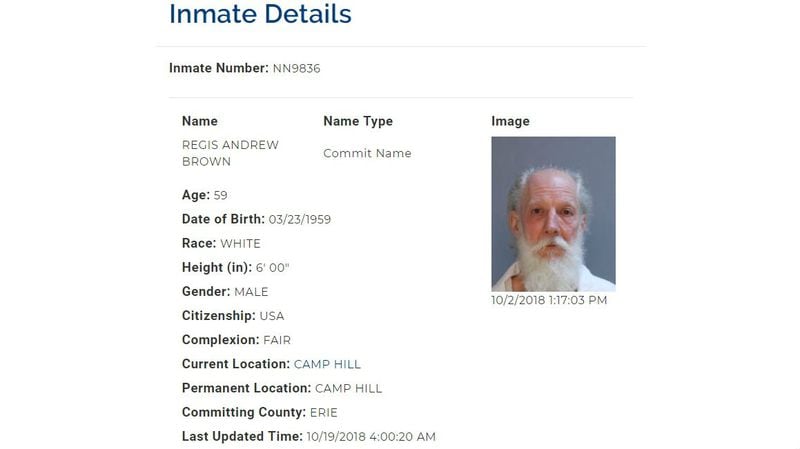 Regis Brown's page on the Pennsylvania Department of Corrections website is pictured. Brown, who is already serving a life sentence in the March murders of his wife, Michele Brown, and adult stepdaughter, Tammy Greenawalt, has been charged with criminal homicide in the shooting death of Bryce Kenneth Tompkins, 45, whose body was found by hunters the day after Christmas 1988. Brown, 59, is also suspected in up to eight additional slayings.