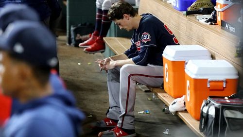 Braves starting pitcher Max Fried reacts in the dugout after being removed from the mound during the sixth inning against the Houston Astros in game 2 of the World Series at Minute Maid Park, Wednesday October 27, 2021, in Houston, Tx. Curtis Compton / curtis.compton@ajc.com