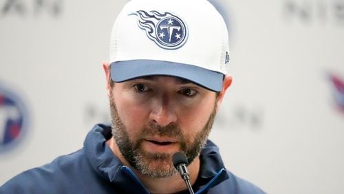 Tennessee Titans head coach Brian Callahan speaks during a news conference after an NFL preseason football game against the Seattle Seahawks, Saturday, Aug. 17, 2024, in Nashville, Tenn. (AP Photo/George Walker IV)