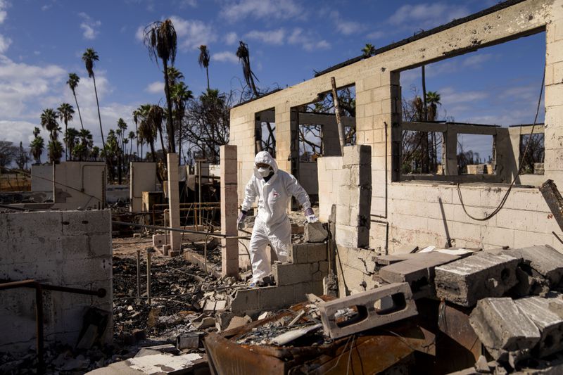 FILE - Rev. Ai Hironaka, resident minister of the Lahaina Hongwanji Mission, walks through the grounds of his temple and residence destroyed by wildfire, Thursday, Dec. 7, 2023, in Lahaina, Hawaii. (AP Photo/Lindsey Wasson, File)