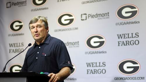 Georgia football coach Kirby Smart speaks to members of the media at the Butts-Mehre Heritage Hall, Tuesday, August 13, 2024, in Athens, Ga. (Jason Getz / AJC)