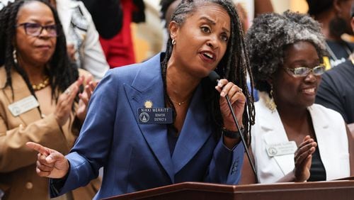 Sen. Nikki Merritt, D-Grayson, speaks at the Georgia State Capitol during a press conference on Wednesday, July 24, 2024, to respond to the state's decision to defund AP African American studies. (Natrice Miller/ AJC)