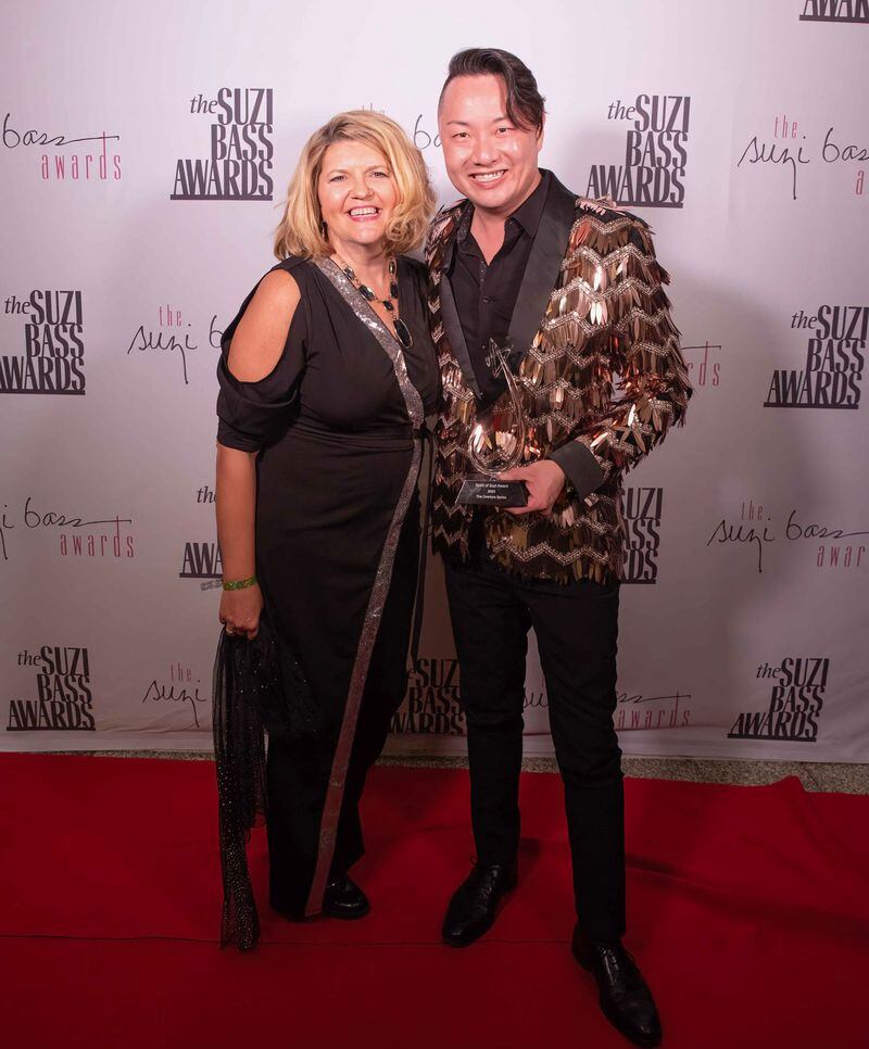 Jono Davis, shown with Aurora Theatre Artistic Director Ann-Carol Pence, won a Spirit of Suzi Award last fall for the Overture Series that he created at Marietta's Jennie T. Anderson Theatre.