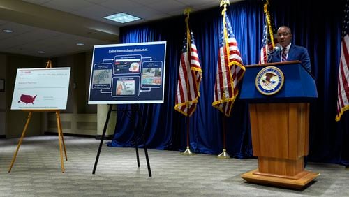 U.S. Attorney Damian Williams speaks about a drug trafficking case during a press conference at Federal Plaza in New York, Monday, Sept. 30, 2024. (AP Photo/Pamela Smith)