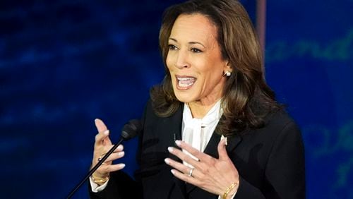 Democratic presidential nominee Vice President Kamala Harris speaks during a presidential debate with Republican presidential nominee former President Donald Trump at the National Constitution Center in Philadelphia, Tuesday, Sept. 10, 2024. (AP Photo/Alex Brandon)