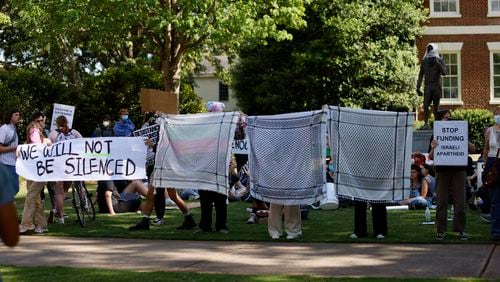 Pro-Palestinian protesters on the UGA campus in Athens on Monday, April 29, 2024.
(Miguel Martinez / AJC)