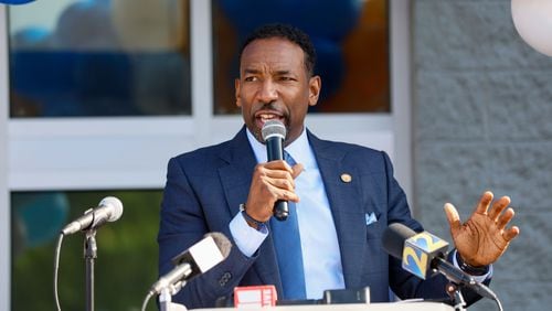 Atlanta Mayor Andre Dickens was among city officials attending a ground-breaking ceremony on Thursday for affordable senior housing in Chosewood Park (Miguel Martinez / AJC)