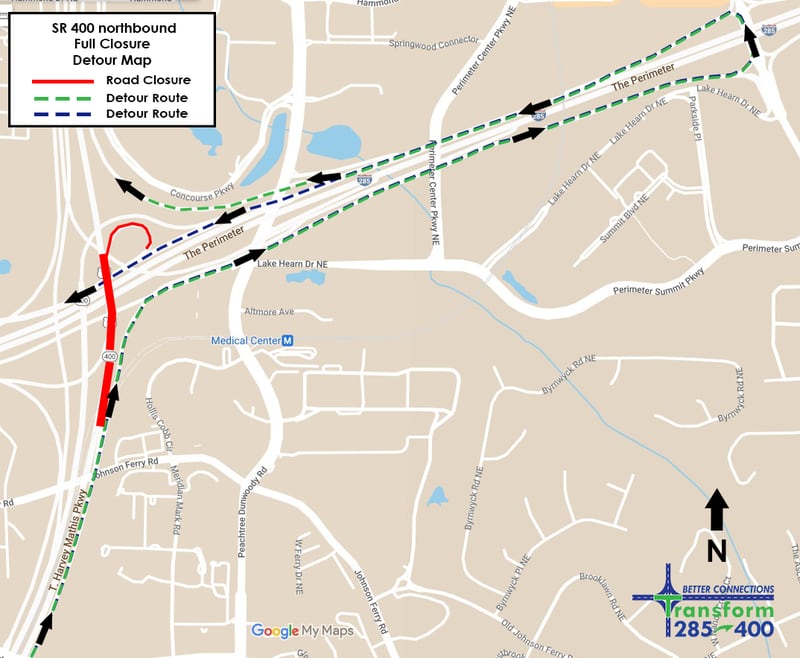 State transportation officials will close northbound Ga. 400 at I-285 late Friday and Saturday nights as construction continues on one of metro Atlanta’s busiest interchanges. The map shows the detour route.